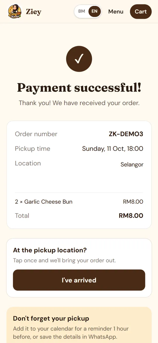 Order page after a successful payment, with the I've arrived button